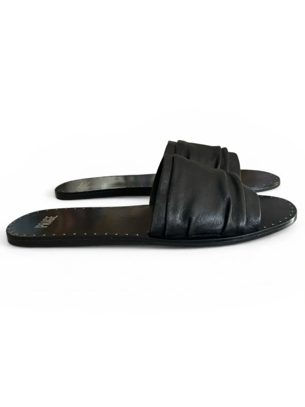 PAIGE Emilia Black Leather Slide Sandals with Ruched Strap Studded Detail Sz 10 - Picture 4 of 7